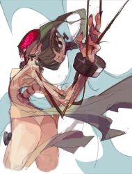 Rule 34 | amiami, cowboy shot, cyborg, from behind, hair ornament, open mouth, painwheel (skullgirls), red eyes, screaming, skull hair ornament, skullgirls, veins, white background