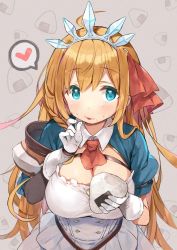 Rule 34 | 1girl, ahoge, blue eyes, breasts, brown hair, cleavage, commentary request, food, food on face, gloves, grey background, hair between eyes, hair ribbon, heart, holding, holding food, kibii mocha, large breasts, long hair, looking at viewer, onigiri, pecorine (princess connect!), princess connect!, puffy short sleeves, puffy sleeves, red ribbon, ribbon, rice, rice on face, short sleeves, shrug (clothing), solo, spoken heart, tiara, tongue, tongue out, very long hair, white gloves