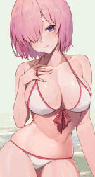 Rule 34 | 1girl, absurdres, bikini, breasts, cleavage, closed mouth, collarbone, commentary, fate/grand order, fate (series), hair over one eye, hand on own chest, highres, large breasts, looking at viewer, mash kyrielight, navel, pink hair, purple eyes, short hair, simple background, smile, solo, sooon, stomach, swimsuit, wet, white background, white bikini