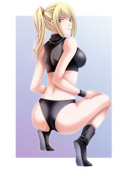 Rule 34 | 1girl, ankle boots, ass, back, bare shoulders, bikini, black bikini, black footwear, black panties, blonde hair, blue background, blue eyes, boots, breasts, closed mouth, crop top, expressionless, from side, gradient background, grey background, hair between eyes, hair tie, halterneck, hand on own thigh, high ponytail, highres, impossible clothes, large breasts, lips, long hair, looking at viewer, looking back, metroid, nintendo, outline, outside border, panties, ponytail, purple background, samus aran, sidelocks, solo, sports bikini, spread legs, squatting, super metroid, swept bangs, swimsuit, tamamon, tiptoes, underwear, underwear only, wristband
