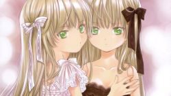 Rule 34 | 2girls, age difference, amano sakuya, bare shoulders, blonde hair, blunt bangs, cordelia gallo, doll, doll joints, gosick, green eyes, hair ribbon, highres, joints, looking at viewer, mother and daughter, multiple girls, official art, official wallpaper, ribbon, victorica de blois, wallpaper