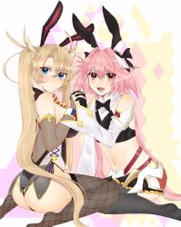 Rule 34 | 1boy, 1girl, absurdres, ass, astolfo (fate), astolfo (saber) (fate), bad id, bad pixiv id, bare shoulders, black bow, black gloves, black neckwear, black ribbon, blonde hair, blue eyes, blush, bow, bowtie, bradamante (fate), bradamante (welcome bunny) (fate), braid, breasts, bridal gauntlets, coattails, crown braid, elbow gloves, fang, fate/grand order, fate (series), french braid, gloves, hair between eyes, hair bow, hair intakes, hair ornament, high-waist sideboob, highleg, highleg leotard, highres, holding hands, interlocked fingers, large breasts, leotard, long hair, looking at viewer, low twintails, multicolored hair, navel, open mouth, pink hair, poker chip, red eyes, ribbon, skin fang, smile, streaked hair, trap, twintails, ushi (hikari0510), very long hair, white hair, wing collar
