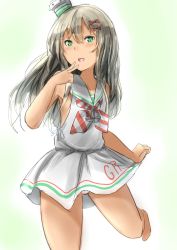 Rule 34 | 1girl, anchor, clothes writing, cowboy shot, dress, fang, grecale (kancolle), green eyes, hair ornament, hairclip, hat, highres, kamaboko senshi, kantai collection, long hair, looking at viewer, mini hat, open mouth, sailor collar, sailor dress, silver hair, simple background, sleeveless, sleeveless dress, smile, solo, striped neckwear, white background, white hat, white sailor collar
