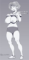 Rule 34 | 1girl, absurdres, alternate breast size, breasts, clothes lift, english text, female focus, gym uniform, highres, large breasts, looking at breasts, monochrome, nipples, ranma 1/2, shirt, shirt lift, short hair, short sleeves, shorts, solo, standing, tendou akane, yashiro a. marino