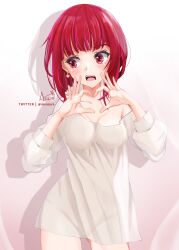 Rule 34 | 1girl, absurdres, arima kana, artist name, blush, bob cut, breasts, cowboy shot, fang, hands up, heart, heart hands, highres, large breasts, long sleeves, multicolored hair, open mouth, oshi no ko, red eyes, red hair, shirt, short hair, sideways glance, solo, teeth, tongue, two-tone hair, upper teeth only, white shirt, xing mi&#039;en
