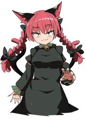 Rule 34 | 1girl, absurdres, animal ears, bell, black dress, braid, cat ears, cat tail, chups, closed mouth, dress, extra ears, fang, fingernails, highres, jingle bell, kaenbyou rin, long fingernails, long hair, long sleeves, looking at viewer, multiple tails, nail polish, red hair, red nails, sharp fingernails, simple background, sleeve garter, smile, solo, tail, touhou, twin braids, two tails, white background