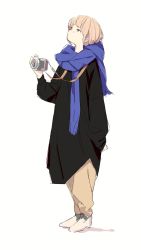 Rule 34 | 1girl, blue scarf, camera, full body, highres, holding, holding camera, light brown hair, long sleeves, original, popman3580, scarf, simple background, solo, standing, white background