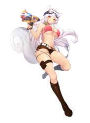 Rule 34 | 1girl, animal ears, belt, bikini, bikini top only, blush, boots, breasts, brown footwear, cleavage, dermiss, goggles, goggles on head, gun, large breasts, long hair, looking at viewer, pink bikini, short shorts, shorts, smile, solo, squirrel ears, squirrel tail, swimsuit, tail, thigh strap, underboob, weapon, white hair, yellow eyes