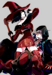 Rule 34 | 1boy, 1girl, :p, bare shoulders, black hair, blue eyes, boots, choker, dress, electric guitar, finger to mouth, fingerless gloves, from behind, gloves, guilty gear, guilty gear xrd, guitar, hat, highres, hood, horns, i-no, instrument, jacket, leg between thighs, raven (guilty gear), red dress, red footwear, red hat, red jacket, shoes, short hair, single horn, suzunashi, thigh boots, thighhighs, tongue, tongue out, white hair, witch hat