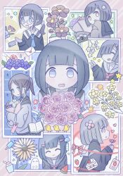 Rule 34 | 0 0, 1girl, 6+girls, :d, :o, ^ ^, ^v^, bird, black cardigan, black serafuku, blue background, blue eyes, blue flower, blue neckerchief, blue sky, blunt bangs, blunt ends, bob cut, book, bookmark, bouquet, bug, butterfly, cake, camera, cardigan, chick, closed eyes, cloud, collage, collarbone, d:, diamond (shape), flower, food, from side, fruit, ghost, glasses, green background, green eyes, grey cardigan, hair flower, hair ornament, hair over one eye, hair tie, hairclip, heart, highres, holding, holding bouquet, holding flower, ice cream, insect, juice box, letter, looking at viewer, looking to the side, love letter, low ponytail, multiple girls, neckerchief, no nose, omochi noa, open book, open mouth, original, parted bangs, photo (object), pink flower, pleated skirt, ponytail, popsicle, raised eyebrows, red background, red eyes, red flower, red neckerchief, red ribbon, ribbon, sailor collar, school uniform, serafuku, shirt, sidelocks, skirt, sky, smile, snail, sparkle, star (symbol), strawberry shortcake, striped, sunflower, uniform, v, water drop, watermelon, wavy mouth, white shirt, yellow background, yellow flower
