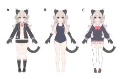 Rule 34 | 1girl, animal ears, animal hands, bare legs, bare shoulders, barefoot, black jacket, black one-piece swimsuit, black skirt, blazer, bow, brown hair, cat ears, cat girl, cat tail, closed mouth, collared shirt, hair between eyes, jacket, long hair, long sleeves, looking at viewer, multicolored hair, multiple views, one-piece swimsuit, open clothes, open jacket, original, pink hair, pink skirt, pleated skirt, puffy long sleeves, puffy sleeves, red bow, red eyes, sailor collar, school uniform, shirt, simple background, skirt, sweater vest, swimsuit, tail, two-tone hair, two side up, ug (nekonekodou), very long hair, white background, white sailor collar, white shirt
