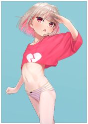 Rule 34 | 1girl, blonde hair, border, commentary, fang, highres, looking at viewer, makaino ririmu, midriff, multicolored hair, navel, nijisanji, no pants, open mouth, panties, pointy ears, red eyes, sabamen, short hair, simple background, skin fang, solo, striped clothes, striped panties, symbol-only commentary, two-tone hair, underwear, virtual youtuber, white border