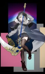 Rule 34 | 1girl, absurdres, add (fate), birdcage, black capelet, breasts, cage, cape, capelet, cloak, fate/grand order, fate (series), fur-trimmed cloak, fur trim, gloves, gray (fate), green eyes, grey cape, grey hair, hair between eyes, highres, holding, holding cage, holding scythe, holding weapon, hood, hood up, hooded capelet, long hair, long sleeves, looking at viewer, lord el-melloi ii case files, luai, medium breasts, scythe, short hair, skirt, smile, solo, thighhighs, weapon
