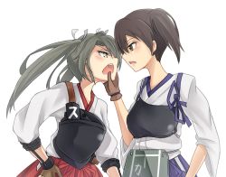 Rule 34 | 10s, 2girls, asakawa (outeq), bad id, blush, brown eyes, brown hair, gloves, green hair, hand on another&#039;s face, japanese clothes, kaga (kancolle), kantai collection, multiple girls, muneate, open mouth, outeq (nukon), short hair, side ponytail, skirt, smile, twintails, zuikaku (kancolle)