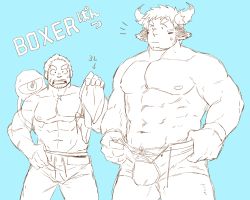 Rule 34 | 2boys, abs, animal ears, bara, blue theme, bulge, commentary request, cow boy, cow ears, cow horns, cross-laced clothes, cross-laced legwear, facial hair, fiery horns, forked eyebrows, goatee, tamamura gunzo, highres, holding, holding clothes, holding underwear, horns, large pectorals, long sideburns, looking at another, male focus, male pubic hair, monochrome, multiple boys, muscular, muscular male, navel, nipples, pants, pectorals, pole2walker2, pubic hair, pubic hair peek, scar, scar on arm, short hair, sideburns, spiked hair, stomach, stubble, sweatdrop, thick eyebrows, thick thighs, thighs, tight clothes, tight pants, tokyo houkago summoners, topless male, underwear, wakan tanka, yaoi