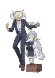 Rule 34 | 10s, 2girls, ahoge, alternate costume, belt, blonde hair, blush, book, box, breasts, brown footwear, check commentary, closed eyes, commentary request, dark-skinned female, dark skin, dress, formal, glasses, grey hair, hair between eyes, hair ribbon, headgear, height difference, holding, holding book, kantai collection, kiyoshimo (kancolle), large breasts, loafers, long hair, long sleeves, low twintails, makishima azusa, multiple girls, musashi (kancolle), on box, open book, open mouth, pants, pointy hair, ribbon, shoes, simple background, smile, standing on object, suit, tall, twintails, two side up, very long hair, white background, white dress, wooden box