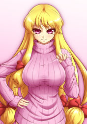 Rule 34 | 1girl, alternate costume, blonde hair, bow, breasts, hair bow, highres, large breasts, long hair, long sleeves, looking at viewer, mazume, no headwear, purple eyes, ribbed sweater, simple background, smile, solo, sweater, touhou, turtleneck, yakumo yukari