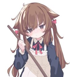 Rule 34 | 1girl, animal ears, aoi tori, apron, black dress, broom, brown eyes, brown hair, closed mouth, collar, dress, frilled apron, frills, hair between eyes, hair ribbon, head tilt, highres, holding, holding broom, long sleeves, looking at viewer, maid, maid apron, messy hair, original, red ribbon, ribbon, simple background, solo, twintails, upper body, white apron, white background, white collar, white wrist cuffs, wrist cuffs