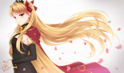 Rule 34 | 1girl, black dress, black nails, black sleeves, blonde hair, blurry, blurry foreground, bow, cape, detached sleeves, diadem, dress, earrings, ereshkigal (fate), fate/grand order, fate (series), floating hair, from side, hair bow, highres, jewelry, long hair, long sleeves, nail polish, petals, print cape, red bow, red cape, red eyes, rko (a470350510), sleeveless, sleeveless dress, solo, standing, striped clothes, striped dress, twintails, very long hair, white background