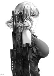 Rule 34 | 1girl, bare shoulders, belko, black ribbon, breasts, combat shotgun, detached sleeves, dual-mode shotgun, from side, girls&#039; frontline, gun, hair ribbon, highres, large breasts, long hair, looking afar, pump-action shotgun, pump action, red eyes, ribbon, semi-automatic firearm, semi-automatic shotgun, shotgun, signature, simple background, sleeveless, sleeveless jacket, solo, spas-12, spas-12 (girls&#039; frontline), spot color, twintails, upper body, weapon, white background
