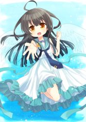 Rule 34 | 10s, 1girl, :d, :o, ahoge, alternate costume, angel wings, aqua background, bare arms, bare shoulders, black hair, clenched hand, commentary request, crescent, dress, kantai collection, long hair, looking at viewer, mikazuki (kancolle), nagasioo, necktie, open mouth, outstretched hand, reaching, sailor collar, sailor dress, sleeveless, sleeveless dress, smile, solo, twitter username, white dress, wings, yellow eyes