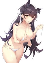 Rule 34 | 1girl, alternate costume, animal ears, arm under breasts, atago (azur lane), azur lane, bikini, black hair, blush, breasts, brown eyes, closed mouth, extra ears, groin, hair ribbon, highres, holding, holding clothes, holding string, holding swimsuit, icomochi, large breasts, leaning forward, long hair, looking at viewer, mole, mole under eye, mouth hold, navel, ribbon, side-tie bikini bottom, simple background, skindentation, smile, solo, stomach, string, swept bangs, swimsuit, thighs, untied bikini, white background, white bikini, white ribbon