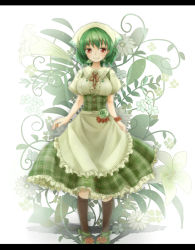 Rule 34 | 1girl, alternate costume, apron, bad id, bad pixiv id, black socks, breasts, checkered clothes, checkered dress, dress, enmaided, female focus, flower, green dress, green flower, green footwear, green hair, green rose, head scarf, highres, kazami yuuka, large breasts, letterboxed, looking at viewer, maid, maid apron, maid headdress, plaid, plant, puffy sleeves, red eyes, red flower, red rose, rose, shironeko yuuki, shirt, shoes, short hair, short sleeves, smile, socks, solo, touhou, vines, waist apron, wrist cuffs