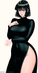 Rule 34 | 1girl, absurdres, black dress, breasts, covered navel, dress, fubuki (one-punch man), green eyes, green hair, highres, large breasts, mostlybluewyatt, one-punch man, short hair, side slit, simple background, solo, twitter username, white background