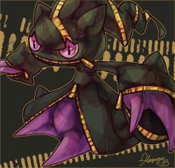 Rule 34 | 2013, alaspargus, banette, black background, commentary, creature, creatures (company), english commentary, full body, game freak, gen 3 pokemon, mega banette, mega pokemon, nintendo, no humans, pokemon, pokemon (creature), purple eyes, signature, simple background, solo