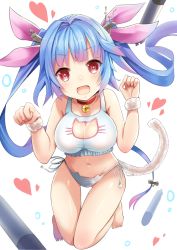 Rule 34 | 10s, 1girl, :d, alternate costume, bad id, bad pixiv id, barefoot, bell, blue hair, blunt bangs, blush, breasts, cat cutout, cat ear panties, cat lingerie, cat tail, choker, cleavage, cleavage cutout, clothing cutout, collarbone, eyebrows, fang, frills, full body, gradient hair, groin, hair ornament, hair ribbon, heart, i-19 (kancolle), jingle bell, kantai collection, large breasts, long hair, meme attire, multicolored hair, navel, neck bell, open mouth, panties, paw pose, pink ribbon, red eyes, ribbon, side-tie panties, smile, solo, star-shaped pupils, star (symbol), stomach, symbol-shaped pupils, tail, thigh gap, torpedo, twintails, u rin, underwear, underwear only, white background, white panties, wrist cuffs