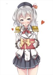 Rule 34 | 10s, 1girl, :o, bad id, bad pixiv id, beret, blue eyes, blush, box, buttons, epaulettes, frilled sleeves, frills, gift, gift box, gloves, grey eyes, hat, heart, holding, holding gift, jacket, kantai collection, kashima (kancolle), kerchief, looking at viewer, marisasu (marisa0904), military, military uniform, miniskirt, pleated skirt, red ribbon, ribbon, sidelocks, silver hair, simple background, skirt, solo, tsurime, twintails, uniform, valentine, wavy hair, white background, white gloves