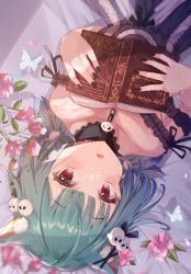 Rule 34 | 1girl, ahoge, animal ears, bare shoulders, black dress, blue hair, blush, book, bow, bug, butterfly, cat ears, choker, dress, ear ribbon, flower, frilled straps, gothic lolita, gradient hair, green hair, hair ornament, haru yu, highres, hololive, insect, jewelry, lace, lace choker, lolita fashion, looking at viewer, low twintails, lying, medium hair, multicolored hair, nail polish, off-shoulder dress, off shoulder, on back, open mouth, red eyes, ribbon, short hair, skull hair ornament, solo, twintails, uruha rushia, uruha rushia (3rd costume), virtual youtuber