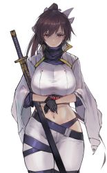 Rule 34 | 1girl, aya kujyou (final gear), black gloves, blue scarf, breasts, brown hair, closed mouth, cowboy shot, crop top, final gear, gloves, highres, jacket, katana, large breasts, long hair, looking at viewer, midriff, multiple straps, navel, pandea work, ponytail, scarf, shrug (clothing), simple background, solo, sword, taut clothes, weapon, white background