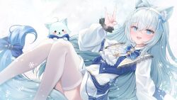 Rule 34 | 1girl, ahoge, animal ear fluff, animal ears, blue bow, blue bowtie, blue eyes, blue gemstone, blue hair, blush, bow, bowtie, collar, commission, fox ears, fox girl, fox tail, frilled collar, frilled sleeves, frills, gem, headband, indie virtual youtuber, kurage cc, long hair, open mouth, rucie (vtuber), skeb commission, smile, solo, tail, tail bow, tail ornament, thighhighs, very long hair, virtual youtuber, white headband, white thighhighs