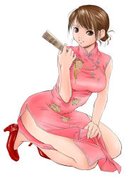 Rule 34 | 1girl, bare shoulders, breasts, brown eyes, brown hair, bucho, china dress, chinese clothes, dress, folded fan, folding fan, hand fan, high heels, kneeling, shoes, side slit, simple background, smile, solo