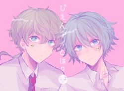 Rule 34 | 2boys, aqua eyes, aqua hair, blush, buttons, closed mouth, emoji, green hair, hair between eyes, hiyori sou, kimi ga shine, looking at viewer, low ponytail, male focus, midori (kimi ga shine), multiple boys, necktie, parted lips, partially unbuttoned, pastel colors, pink background, pink theme, pleading face emoji, portrait, red necktie, shirt, short hair, simple background, sticker on face, uououoon, white shirt