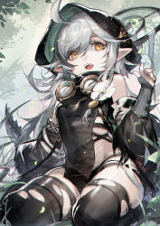Rule 34 | 1girl, ahoge, arknights, bare shoulders, black thighhighs, braid, chinese commentary, commentary request, crocodilian tail, fang, hair between eyes, hand up, highres, long hair, looking at viewer, open mouth, partial commentary, pointy ears, silver hair, single braid, solo, spade-m, tail, thighhighs, thighs, tomimi (arknights), torn clothes, torn thighhighs, yellow eyes