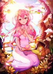 Rule 34 | 1girl, bad id, bad pixiv id, cherry blossoms, day, dress, eating, flower, food, full body, ggomddak, hand up, holding, holding tray, looking at viewer, original, outdoors, pink hair, pointy ears, railing, sitting, solo, squirrel, sunlight, tray, tree, water, white dress