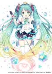 Rule 34 | 1girl, aqua eyes, aqua hair, artist name, blush, boots, copyright notice, crown, detached sleeves, full body, hatsune miku, long hair, microphone, necktie, piapro, skirt, smile, solo, thigh boots, thighhighs, twintails, very long hair, vocaloid, wasabi (sekai)