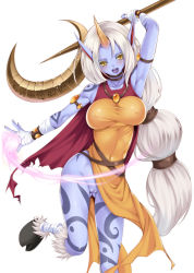 Rule 34 | 1girl, :d, arm up, armpits, bandages, blue skin, blush, bottomless, breasts, colored skin, covered erect nipples, duplicate, holding, hooves, horn, horns, jewelry, kure masahiro, league of legends, leg up, long hair, looking at viewer, monster girl, multi-tied hair, open mouth, pointy ears, ponytail, pussy, simple background, smile, solo, soraka (league of legends), staff, tabard, tattoo, white background, white hair, wristband, yellow eyes