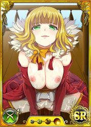 Rule 34 | 1girl, blonde hair, bow, bowtie, breasts, breasts out, breasts squeezed together, card (medium), censored, dmm, elbow gloves, gloves, green eyes, hat, huge breasts, legs, looking at viewer, mosaic censoring, nipples, no bra, no panties, nobunaga wa ore no yome. hime bushou 1000-ningiri, official art, open mouth, pussy, short hair, simple background, smile, solo, squatting, sweat, thighs, trading card