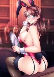 Rule 34 | 1girl, 2020, absurdres, animal ears, ass, bare arms, bare shoulders, blurry, blurry background, blush, breasts, brown hair, detached collar, earrings, fake animal ears, feet out of frame, from behind, garter straps, green eyes, hair ornament, highres, holding, holding plate, indoors, jewelry, leotard, long hair, looking at viewer, looking back, miike san, plate, rabbit ears, rabbit tail, red leotard, shion uzuki, sideboob, signature, smile, solo, tail, thighhighs, thong, thong leotard, twitter username, watermark, web address, wrist cuffs, xenosaga