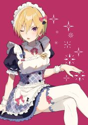Rule 34 | 1girl, apron, arm support, blonde hair, blue ribbon, blush, breasts, crossed legs, detached collar, dot nose, dress, frilled apron, frilled dress, frills, hair between eyes, hair ribbon, hand up, idolmaster, idolmaster shiny colors, imtyousei, invisible chair, looking at viewer, maid headdress, neck ribbon, one eye closed, pink ribbon, plaid, plaid dress, puffy short sleeves, puffy sleeves, purple eyes, red background, ribbon, saijo juri, scrunchie, short hair, short sleeves, simple background, sitting, small breasts, solo, thighhighs, two-tone dress, v-shaped eyebrows, waist apron, white apron, white scrunchie, white thighhighs, wrist scrunchie