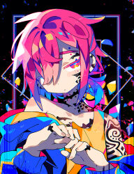 Rule 34 | 1boy, absurdres, arm tattoo, blue jacket, chest tattoo, closed mouth, colored eyelashes, commentary request, facial tattoo, hand tattoo, highres, jacket, long sleeves, male focus, neck tattoo, orange tank top, original, pink eyes, pink hair, raito-kun (uenomigi), short hair, solo, tank top, tattoo, uenomigi