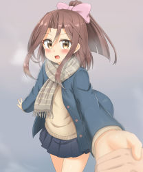 Rule 34 | 10s, 1girl, absurdres, alternate costume, blurry, bow, brown eyes, brown hair, casual, cowboy shot, depth of field, gradient background, hair bow, hair ribbon, highres, holding hands, kantai collection, looking at viewer, nedia (nedia region), pleated skirt, ponytail, pov, ribbon, scarf, simple background, skirt, solo focus, steam, zuihou (kancolle)