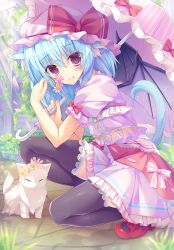 Rule 34 | 1girl, ^ ^, absurdres, animal, animal ears, bat wings, black thighhighs, blue hair, blush, bow, cat, cat ears, cat tail, cedama, closed eyes, dress, closed eyes, fang, fang out, flower, flower wreath, frills, garden, gem, green gemstone, hat, hat bow, head wreath, highres, holding, holding flower, jewelry, kemonomimi mode, kinokomushi, lace, lace-trimmed legwear, lace trim, looking at viewer, mary janes, outdoors, petals, pink dress, purple eyes, red bow, red footwear, remilia scarlet, shoes, short hair, smile, solo, squatting, tail, thighhighs, touhou, umbrella, vampire, wings, zettai ryouiki