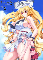 Rule 34 | 2girls, anne bonny (fate), bikini, blonde hair, blue eyes, blue sky, bracelet, breasts, cloud, cloudy sky, fate/grand order, fate (series), hand in bikini, hand on another&#039;s shoulder, hand on shoulder, hat, headband, jewelry, large breasts, looking at viewer, mary read (fate), momoshiba anzu, multiple girls, pirate hat, red hair, scar, scar on face, sky, smile, swimsuit, white hair