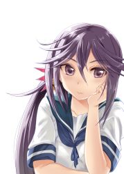Rule 34 | 10s, 1girl, akebono (kancolle), asymmetrical hair, bell, closed mouth, collarbone, eyebrows, flower, hair bell, hair between eyes, hair flower, hair ornament, hairpin, hand on own cheek, hand on own face, head rest, jingle bell, kantai collection, long hair, pink lips, purple eyes, purple hair, school uniform, serafuku, short sleeves, side ponytail, simple background, sleeve cuffs, solo, sumeragi hamao, upper body, white background