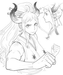 Rule 34 | 1girl, absurdres, ahoge, bare arms, breasts, closed mouth, earrings, expressionless, female focus, foreshortening, from side, frown, highres, horns, iago fn, japanese clothes, jewelry, kimono, large breasts, lips, long hair, looking at viewer, monochrome, multiple views, muscular, muscular female, nape, nose, one piece, ponytail, portrait, profile, raised fists, sidelocks, sleeveless, sleeveless kimono, solo, tareme, upper body, v-shaped eyebrows, yamato (one piece)