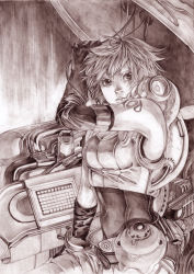 Rule 34 | 1girl, cable, elbow gloves, gloves, mikan yuzuko, monochrome, pink theme, science fiction, short hair, solo, tattoo, traditional media